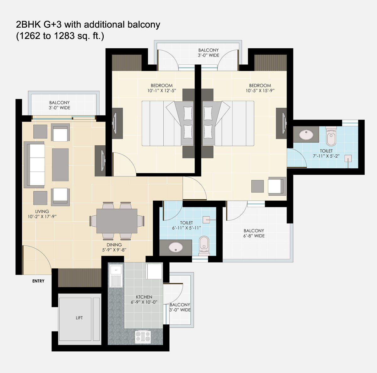 2 BHK 1262 To 1283 Sq Ft Floor Plan Prithvi Estates